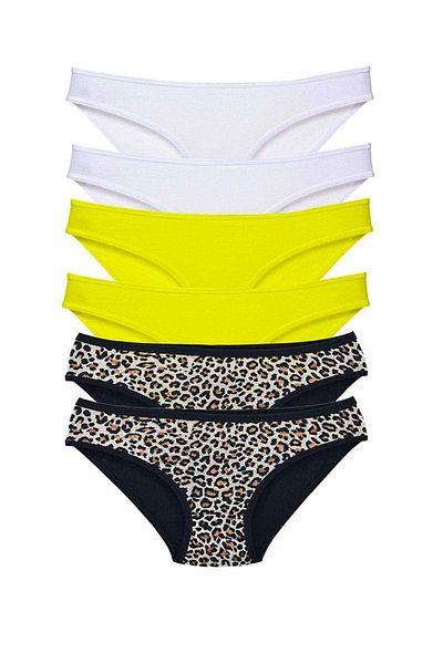 PRATİKOBA 6 Pieces Lycra Women's Slip Panties Leopard White Yellow