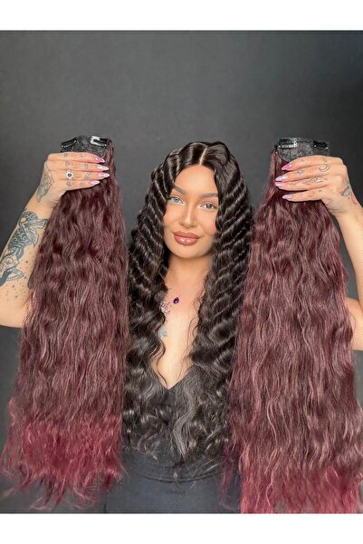 Suzan Peruk Viole Kızıl 8 parça Afro Dalgalı uzun Çıt Çıt Saç 70cm Ekstra yoğ...