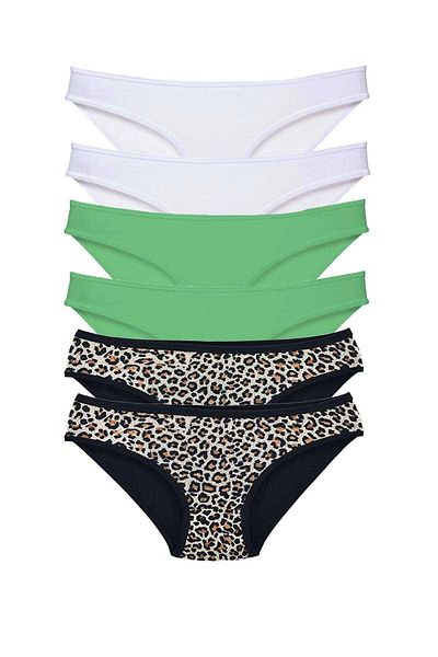 PRATİKOBA 6 Pieces Lycra Women's Slip Panties Leopard White Green