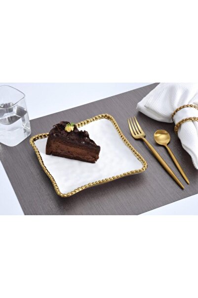 B&L Decor بيت آند ليلي - طبق حلويات مربع من السيراميك باللونين الأبيض والذهبي...