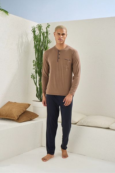 Modestia Kocabey 9220 Men's Midi Collar Long Sleeve Pajama Set - Necafe - XL