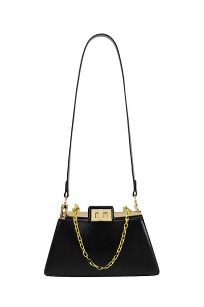 Generic fashionable luxury bag with golden accessories and chain handle along with detachable strap