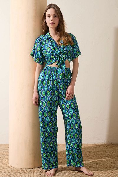 Modestia Anil 11636 Women's Short Sleeve Shirt and Pants Set - Blue