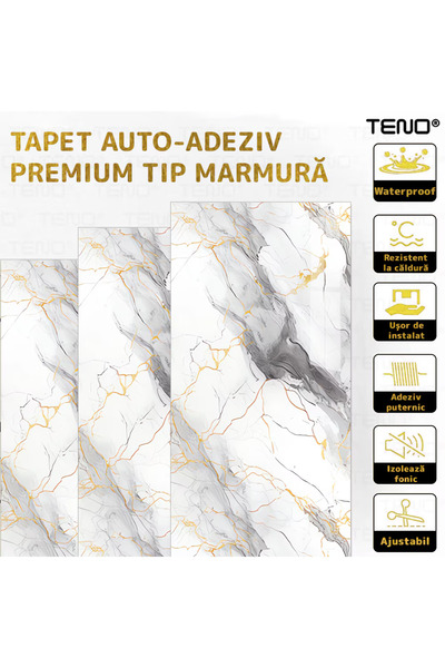 Teno Set 30x Tapet Marmura Premium 3D Teno®, suprafata acoperire 5.4 mp, 30x60 cm, alb