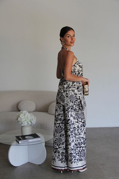 Julidress Black and White Patterned Tie-Up Blouse and Pants Bottom Top Premium Satin Set