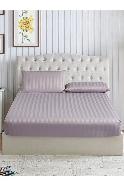 Donetella طقم ملاءات سرير مخططة 200×200 سم سوبر كينج – ملاءة سرير واحدة + 2 كيس وسادة، جيب عميق 35 سم