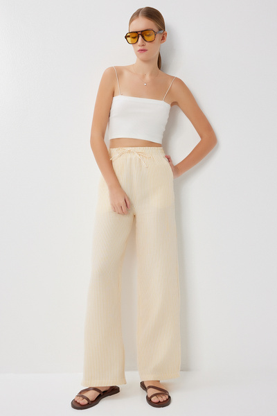 Lovelyİstanbul Striped Pocket Muslin Trousers Lyy0110 Yellow Bone