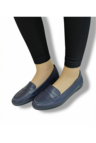 BARONES SHOES Lacivert Hakiki Cilt Deri Kadın Loafer Ayakkabı