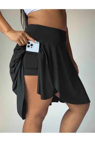 MAROVOAY Mini Flared Skirt with Legging Inside and Pocket Detail, Cross Slit at the Front