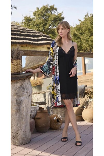 NightLove Monamise Patterned Lace and Low-Cut Dressing Gown Set 24095