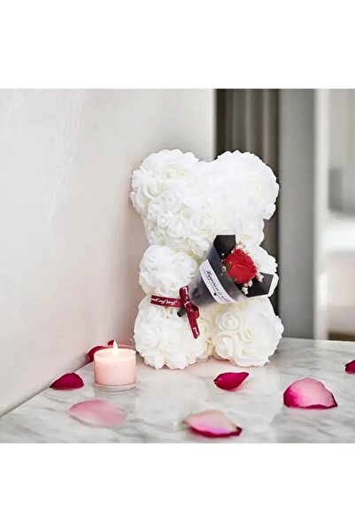 velve Ursulet floral din trandafiri spuma si buchet decorat manual, cu mesaj, Alb, Alb