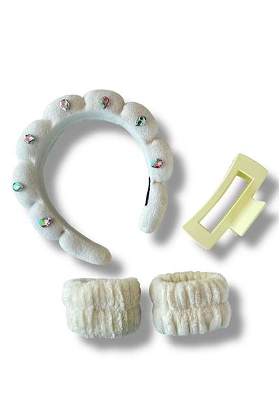 Mutenaura Stone Detailed Spa Crown / Latch Buckle / Water Absorbent Towel Bracelet Set