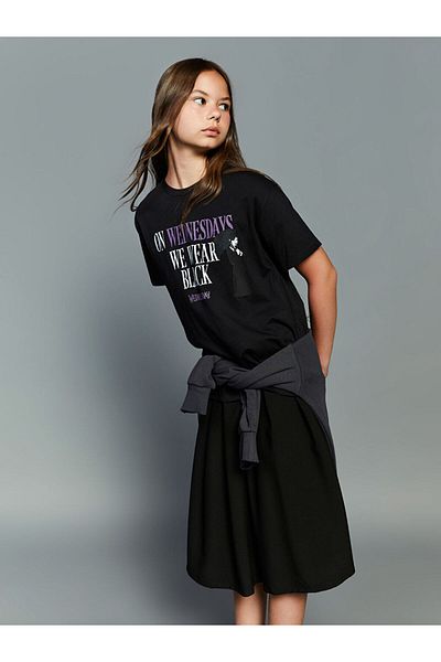 LC Waikiki Quality Parts from Celebi Store |   Black Crew Neck Wednesday Printed Girl's T-Shirt