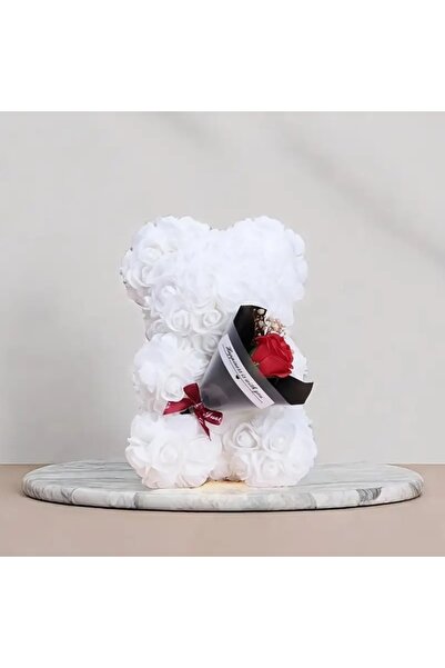 velve Ursulet floral din trandafiri spuma si buchet decorat manual, cu mesaj, Alb, Alb