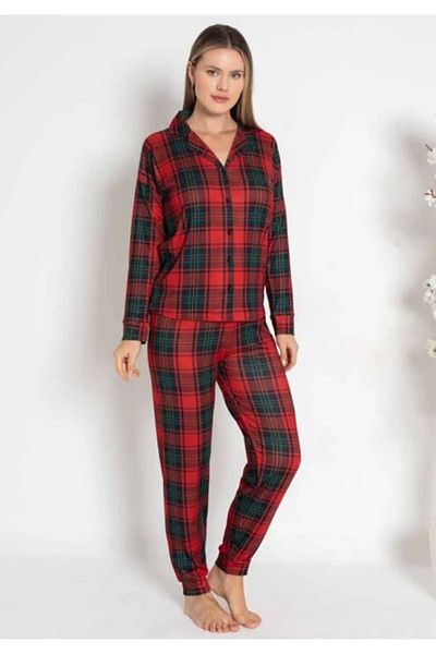 Modestia Estiva 24494 Thermal Front Button Plaid Pajama Set - Red - XL