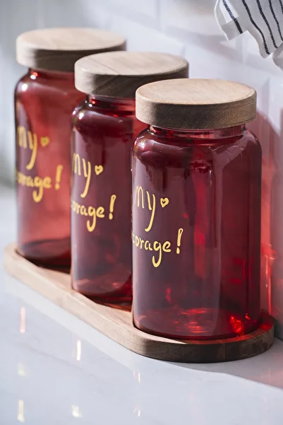 ACAR 7936 Pierre 3-Piece Acacia Wood Jar Set with Lid and Tray - Red