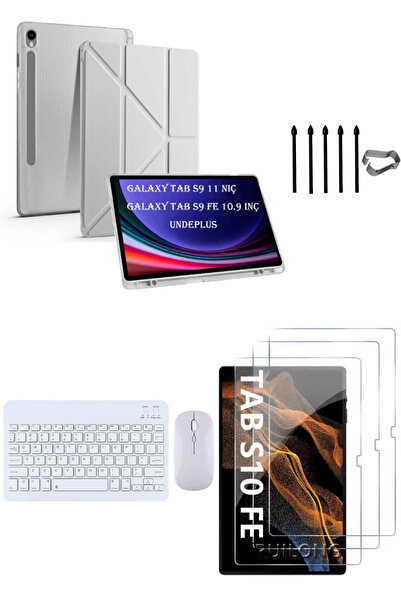 Covpor Samsung Galaxy Tab S10 FE Origami Kılıf+Klavye Mouse+S Pen Yedek Uç+Ekran Koruyucu Gri