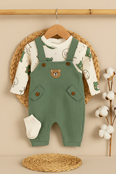 KapsülBebek %100 Pamuk Mevsimlik Unisex Bebek Tulum Takımı – Uzun Kollu Üst ve Salopet