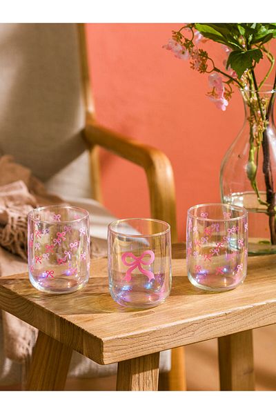 LC Waikiki Quality Parts from Celebi Store |   Pink Bow Printed Glass Water Cup Set of 3 280 ml