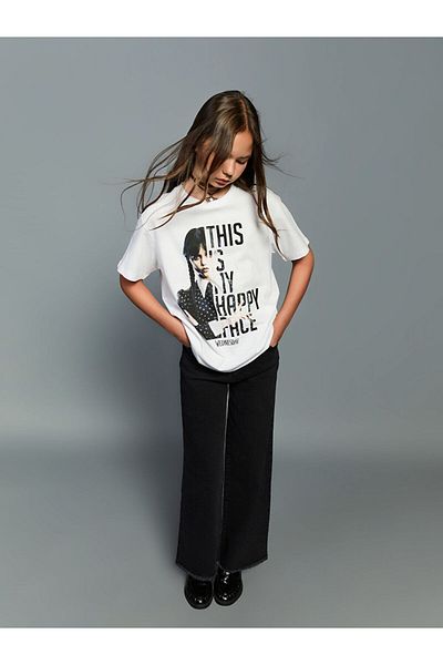 LC Waikiki Sparkling Selections from Shining Store |   White Crew Neck Wednesday Printed Girl's T-Shirt