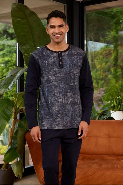 Modestia Kocabey 8053 Men's Midi Neck Long Sleeve Pajama Set - Indigo - L