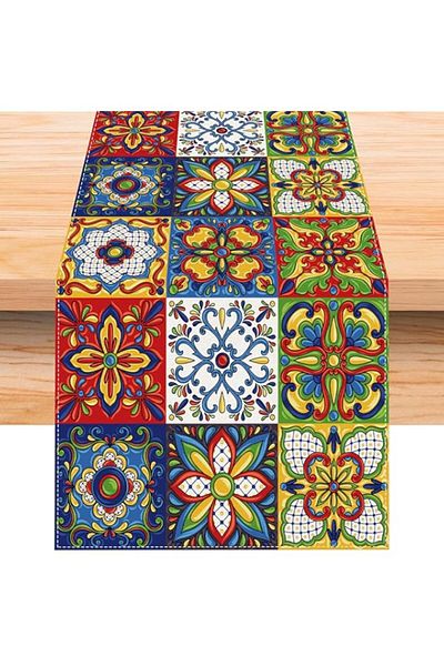 Generic MAKINGTEC Linen Mexican Talavera Ceramic Tile Table Runner 108 Inches Long Mexican Fiesta Tableclot