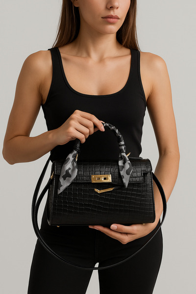 Silblack حقيبة يد وكتف نسائية بحزام كتف من الجلد مع قفل مفتاح مفصل - دينم، أسود، جلد التمساح الأسود، بيج