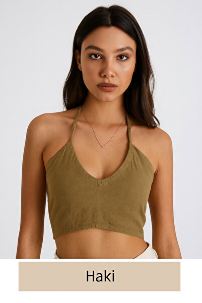 Çeşme Home 100% Cotton Linen Woven Halter Neck Crop Top Halter Neck Short Blouse