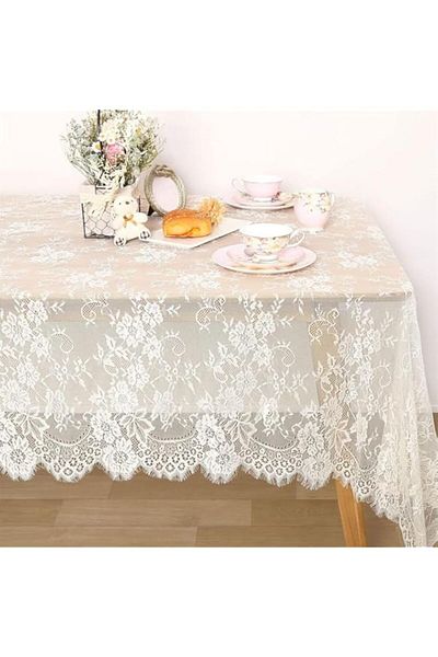 Generic White Lace Tablecloth, Classy Rectangle Overlay Long Vintage Embroidered Reception Table Cloth Deco