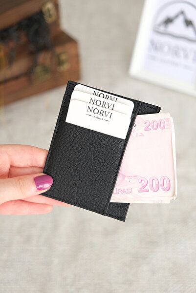 Norvi Leather حامل بطاقات جلد طبيعي مزدوج الجوانب للجنسين باللون الأسود