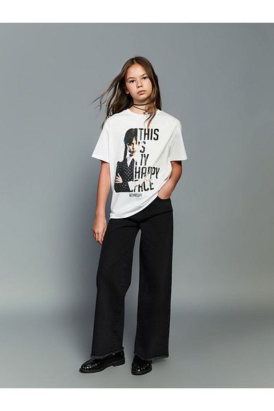 LC Waikiki Sparkling Selections from Shining Store |   White Crew Neck Wednesday Printed Girl's T-Shirt