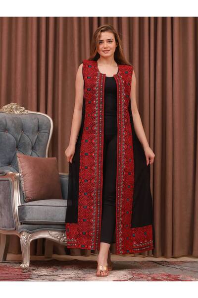 Lyaly aljlabyh "Scarf of Elegance" Vest: A long, sleeveless black vest with luxurious crimson embroidery and charming geometric patterns, for a distinctive look.