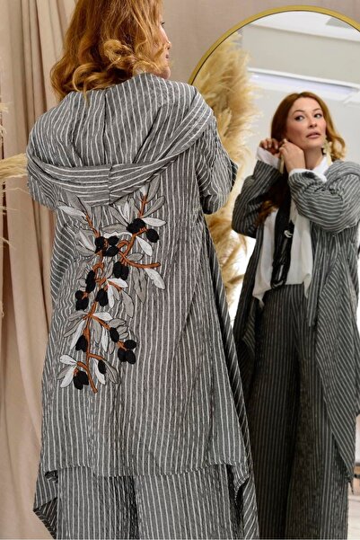 Hazinedan Women's Anthracite Authentic Olive Branch Linen Embroidery Detail Trousers Kaftan Double Hooded Suit