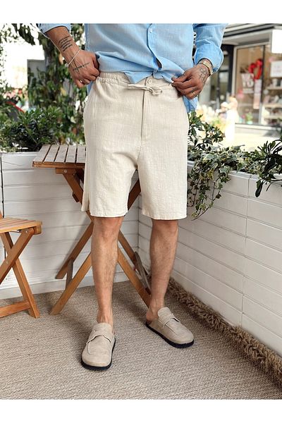 manch collection Basic Linen Shorts with Drawstring at the Waist Cream