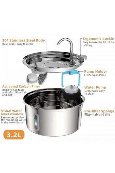 Kardett Stainless steel water fountain dispenser for cats and dogs, 3.2L, silent pump, advanced filtration