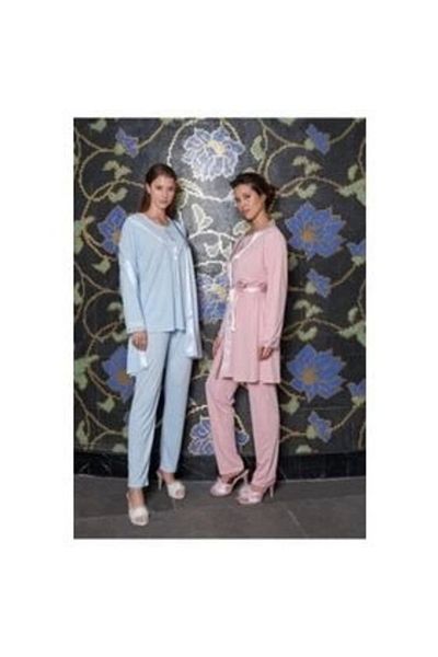 Modestia Jar Pierre 318 Long Sleeve 3-Piece Pajama Set with Dressing Gown - Powder - L