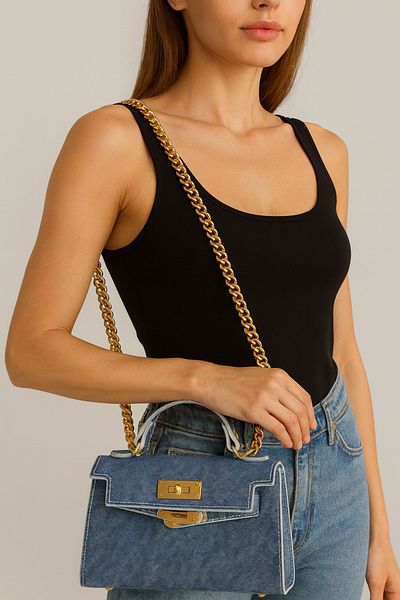 Silblack Women's Knitted Chain Strap Dark Denim Hand and Shoulder Bag - Key Lock Detail