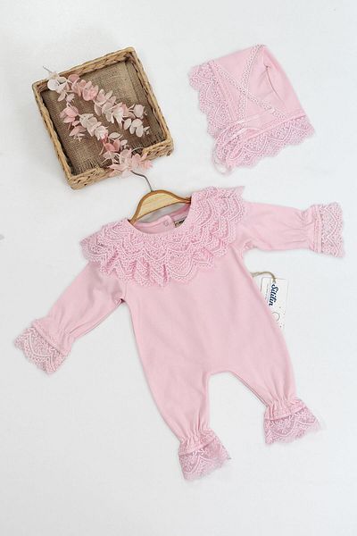 Sitilin Baby Girl Pink Lace 100% Cotton Luxury Hospital Outlet Wonderful Newborn Jumpsuit Hat Set