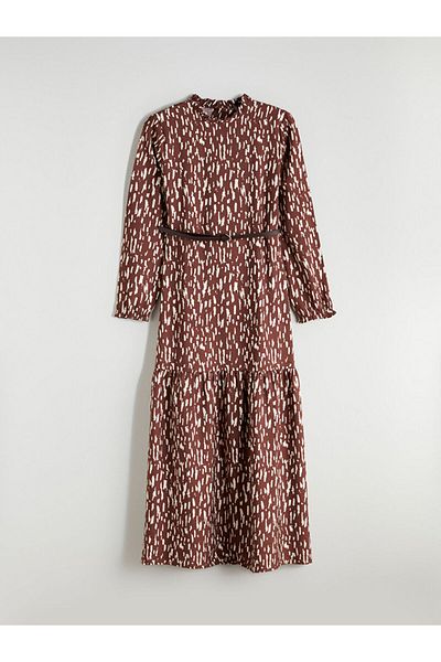 LC Waikiki Quality Parts from Celebi Store |   Brown Ruffled Stand Collar Patterned Belted Fold Dress