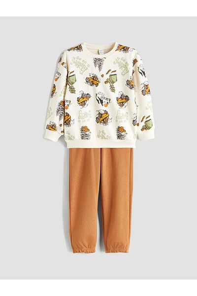 LC Waikiki Lcw Kids Beige Printed Boys Sweatshirt and Sweatpants Bottom 2'Li