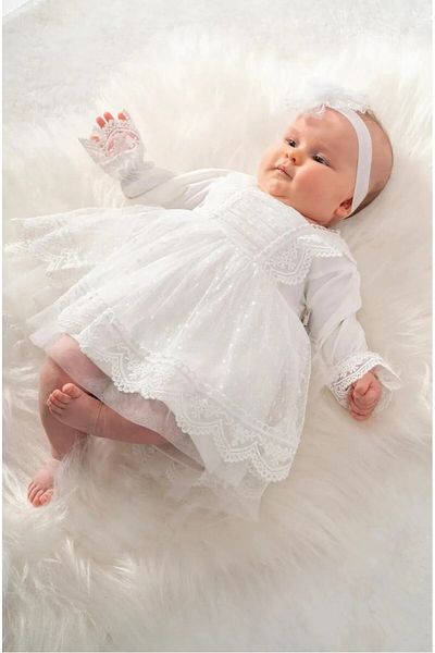 Serackids Tulle Lace Newborn 100% Cotton Combed Baby Girl Mevlüt Special Day Dress Bandana Set