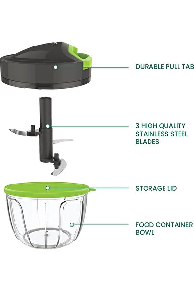 Crede Cred Quick Pull Chopper and Food Processor with Storage Lid and Non slip Base, 3 Stainless Steel Bla