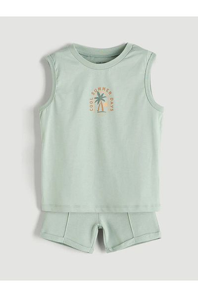 LC Waikiki Lcw baby green Printed boy baby undershirt and shorts 2-piece set
