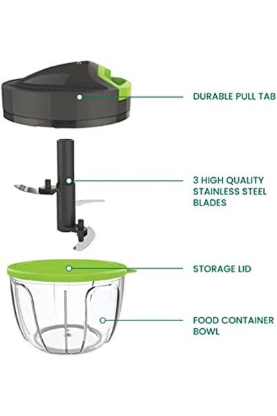 Crede Cred Quick Pull Chopper and Food Processor with Storage Lid and Non slip Base, 3 Stainless Steel Bla