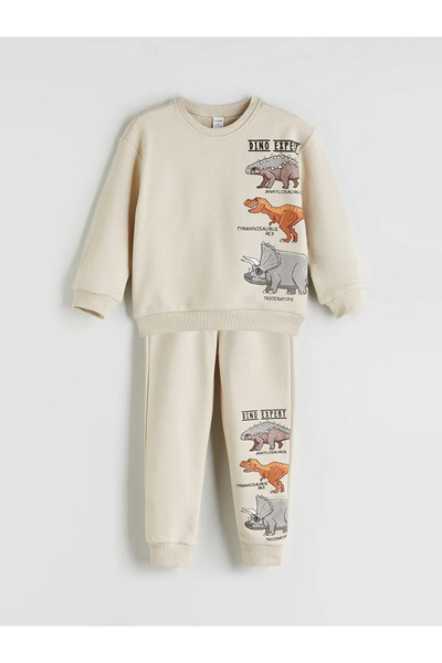 LC Waikiki LCW Kids Bej Dinozaur Imprimat Băieți Hanorac și pantaloni de trening Set de 2