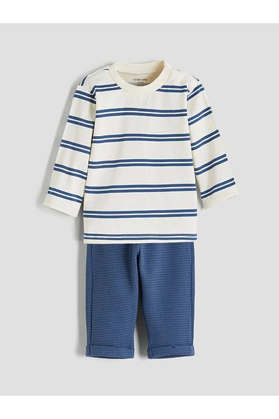 LC Waikiki Lcw Baby Ecru Crew Neck Striped Baby Boy Sweatshirt and Pants 2Pcs