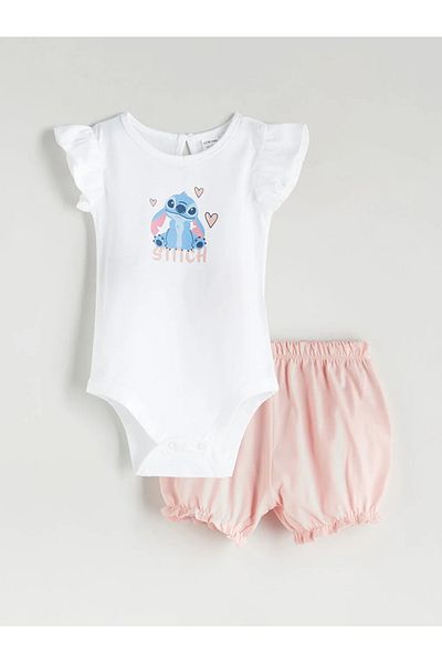 LC Waikiki Lcw Baby Ecru Stitch Printed Baby Girl Snapback Bodysuit and Shorts 2-Pack