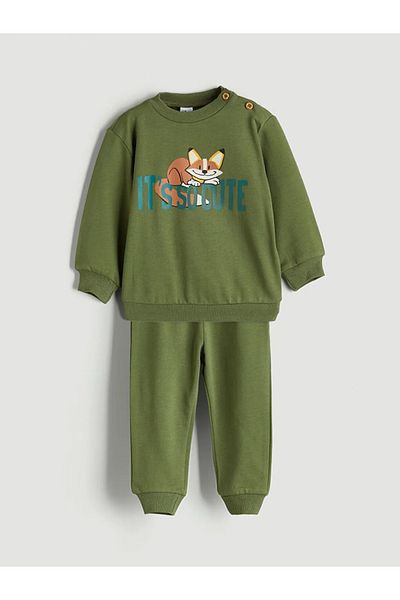 LC Waikiki Lcw Eco Khaki Printed Baby Boy Sweatshirt and Sweatpants Bottom 2'Li