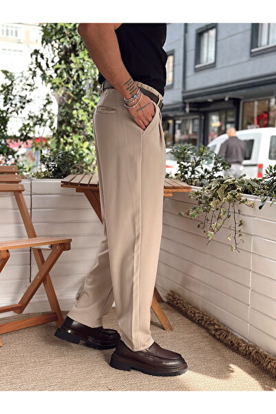 manch collection Pileli Baggy Kumaş Pantolon Krem