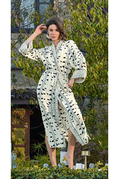 NightLove Monamise Patterned Polka Dot Slit Detailed Dressing Gown 22041